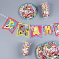 Набор бумажной посуды одноразовый Стикеры&raquo;: 6 тарелок, 1 гирлянда, 6 стаканов