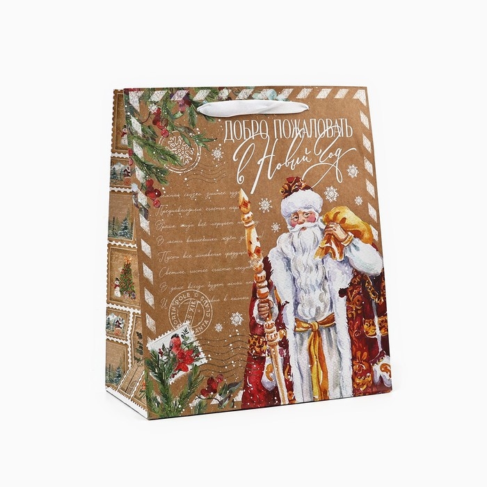 Пакет подарочный новогодний крафтовый вертикальный &laquo;Добро пожаловать в Новый год&raquo;, ML 23 х 27 х 11.5 см , Новый год