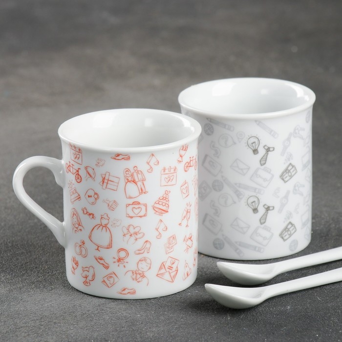 Набор керамический &laquo;Муж и жена&raquo;: кружка 140 мл 2 шт., ложка 2 шт., цвет белый