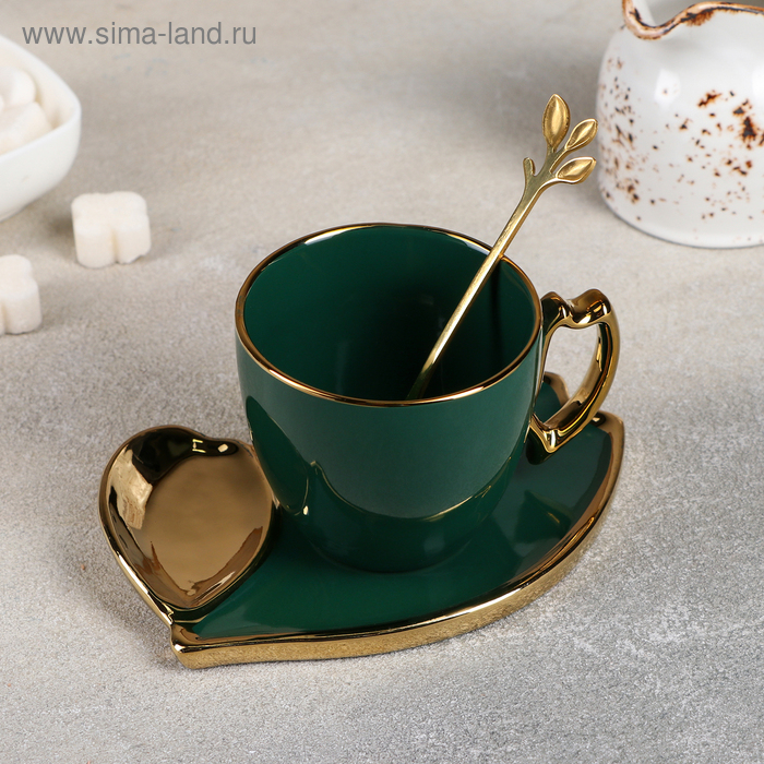 Чайная пара керамическая &laquo;Ливона&raquo;, 3 предмета: чашка 200 мл, блюдце d=14 см, ложка, цвет изумрудный