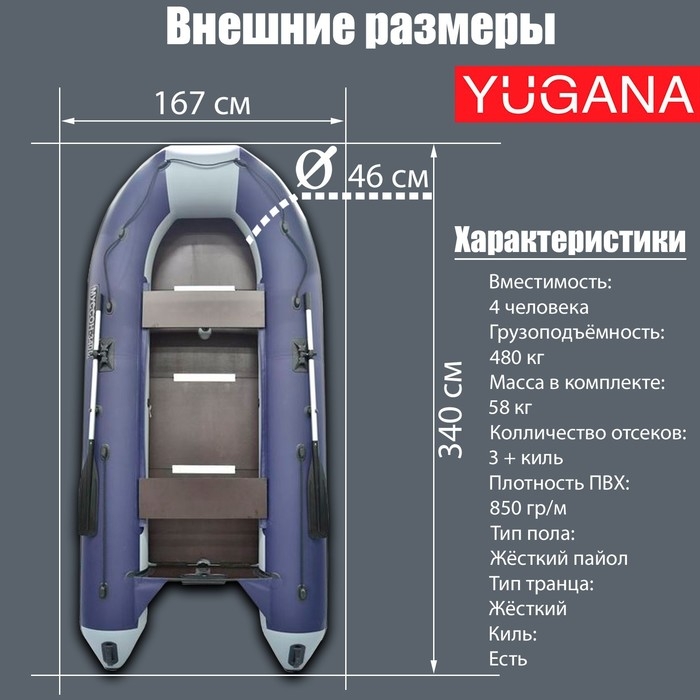 Лодка YUGANA 3600 СК, слань+киль, цвет серый/синий Лодка YUGANA 3600 СК, слань+киль, цвет серый/синий