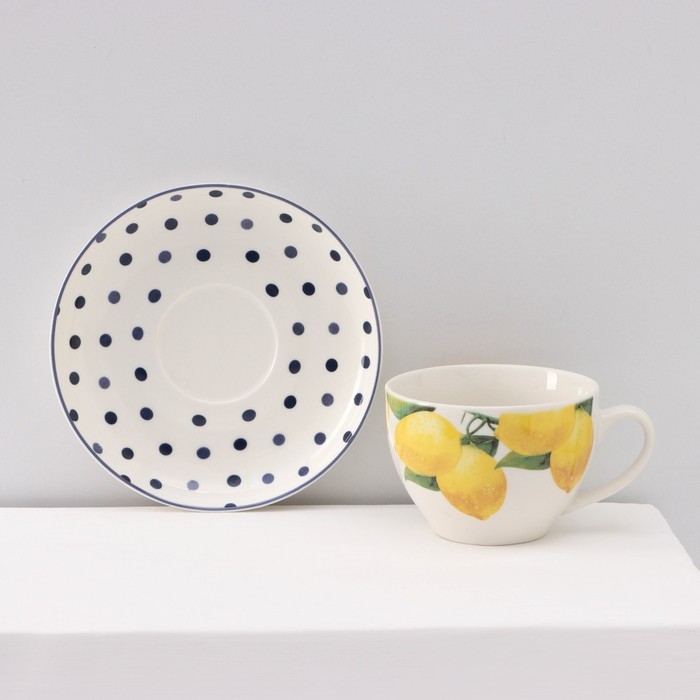 Сервиз фарфоровый чайный Доляна &laquo;Лимон&raquo;, 12 предметов: 6 чашек 250 мл, 6 блюдец d=15,5 см, цвет белый