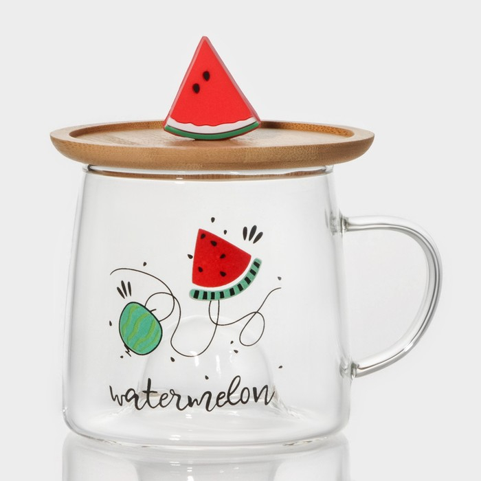 Кружка стеклянная с деревянной крышкой &laquo;Арбузик&raquo;, 300 мл