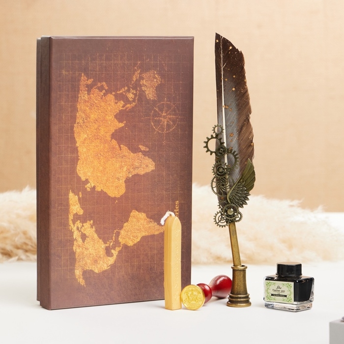 Набор подарочный 5в1 "Стимпанк": перьевая ручка черная, чернила, наконечники, печать, воск