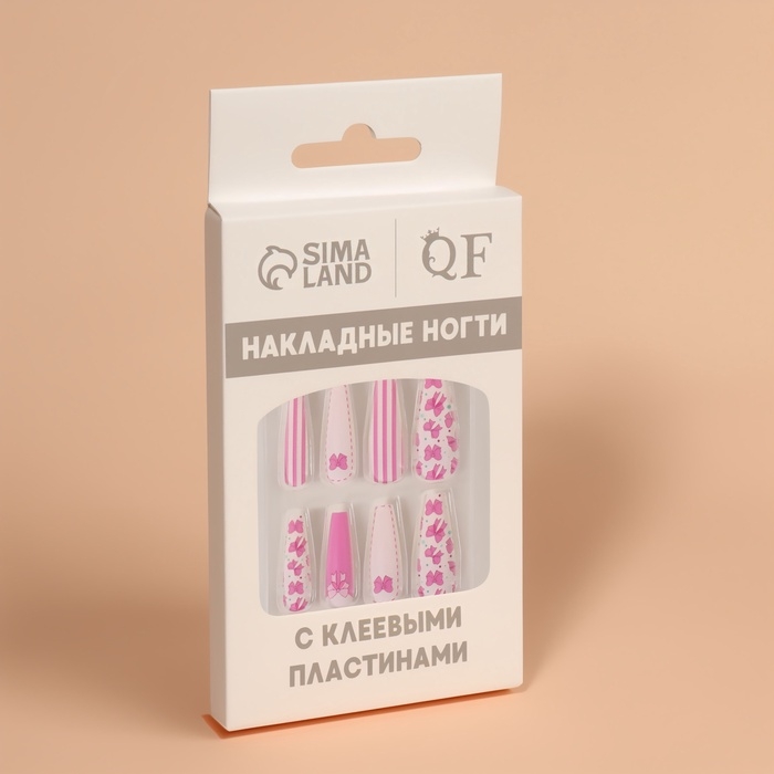Накладные ногти &laquo;Бантики&raquo;, 12 шт, с клеевыми пластинами, форма балерина, цвет белый/розовый