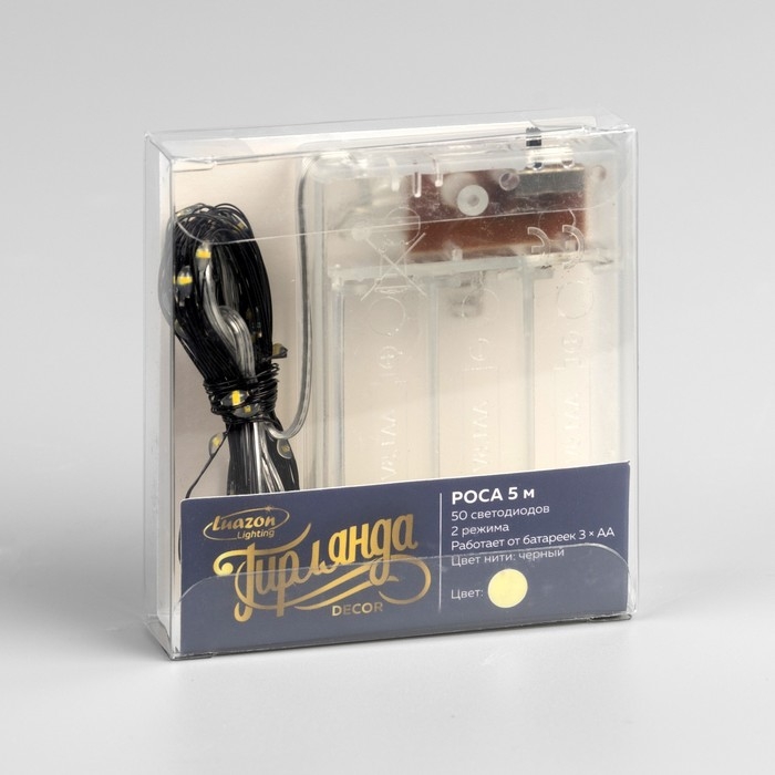 Гирлянда &laquo;Нить&raquo; 5 м роса, IP20, чёрная нить, 50 LED, 2 режима, батарейки AAх3 (нет в комплекте), свечение тёплое белое