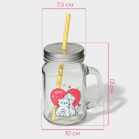 Кружка стеклянная Доляна «Котик», 450 мл, 10×7,5×13 см, с ручкой, крышкой и трубочкой Кружка стеклянная Доляна «Котик», 450 мл, 10×7,5×13 см, с ручкой, крышкой и трубочкой