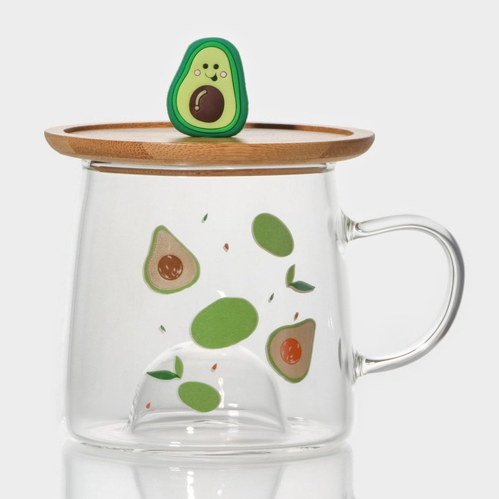 Кружка стеклянная с деревянной крышкой &laquo;Авокадо&raquo;, 350 мл, рисунок МИКС