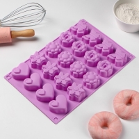 Форма для выпечки Доляна &laquo;Сердце, бабочка, цветок&raquo;, силикон, 29,8&times;19,7 см, 20 ячеек, цвет МИКС