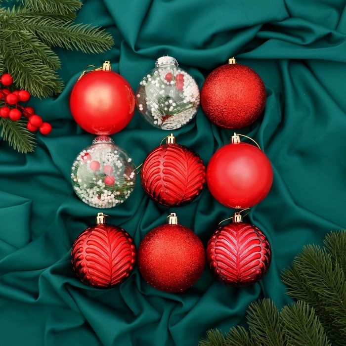 Набор шаров пластик d-8 см, 9 шт Набор шаров пластик d-8 см, 9 шт "Мелодия" ёлочка глянец, красный