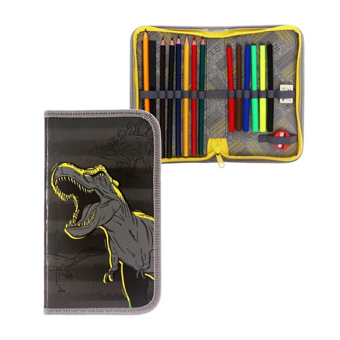 Пенал 1 секция, 115 х 205 мм, с наполнением 16 предметов, Calligrata Пенал 1 секция, 115 х 205 мм, с наполнением 16 предметов, Calligrata "Динозавр" ламинированный картон, 30П26/set