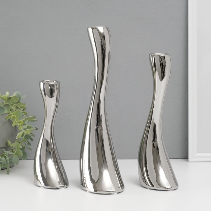 Подсвечник керамика на 1 свечу  "Волна" d=2,5 см, серебро, набор 3 шт h=20, 25 и 30 см