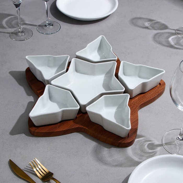 Менажница «Звезды», 5 шт: 200 мл, 1 шт: 500 мл, деревянное основание, фарфор, Иран Менажница «Звезды», 5 шт: 200 мл, 1 шт: 500 мл, деревянное основание, фарфор, Иран