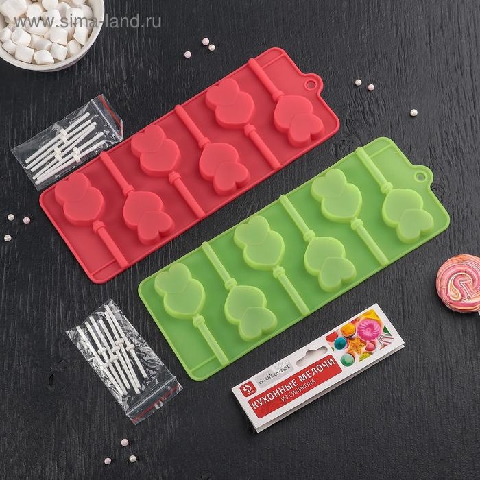 Форма для леденцов Доляна &laquo;Влюблённость&raquo;, силикон, 9,5&times;24&times;1 см, 6 ячеек (4,2&times;3,3 см), с палочками, цвет МИКС