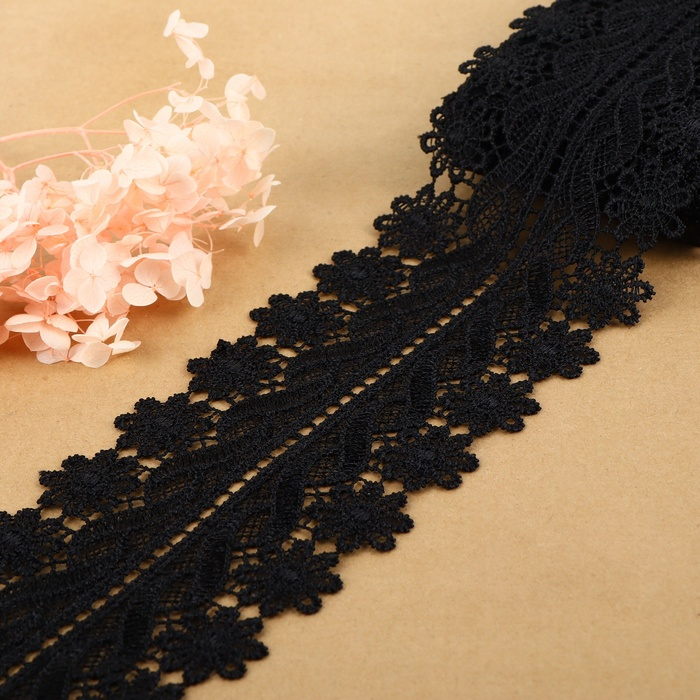 Кружево гипюровое, 80 мм &times; 6,8 &plusmn; 0,5 м, цвет чёрный