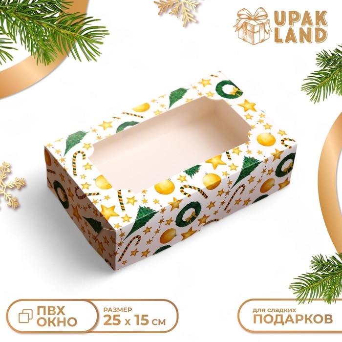 Новый год. Коробка складная, кондитерская упаковка с окном Новый год. Коробка складная, кондитерская упаковка с окном "Звезды и трости", 25 х 15 х 7 см