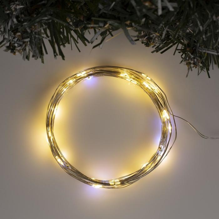 Гирлянда &laquo;Нить&raquo; 5 м роса, IP20, серебристая нить, 50 LED, мерцание белым, батарейки AAх3 (нет в комплекте), свечение тёплое белое