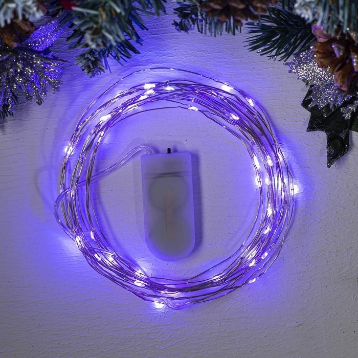 Гирлянда «Нить» 5 м роса, IP20, серебристая нить, 50 LED, батарейки CR2032х2 (в комплекте), свечение фиолетовое Гирлянда «Нить» 5 м роса, IP20, серебристая нить, 50 LED, батарейки CR2032х2 (в комплекте), свечение фиолетовое