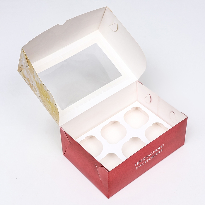 Коробка для 6 капкейков с окном , "Бант", 25 х 17 х 10 см