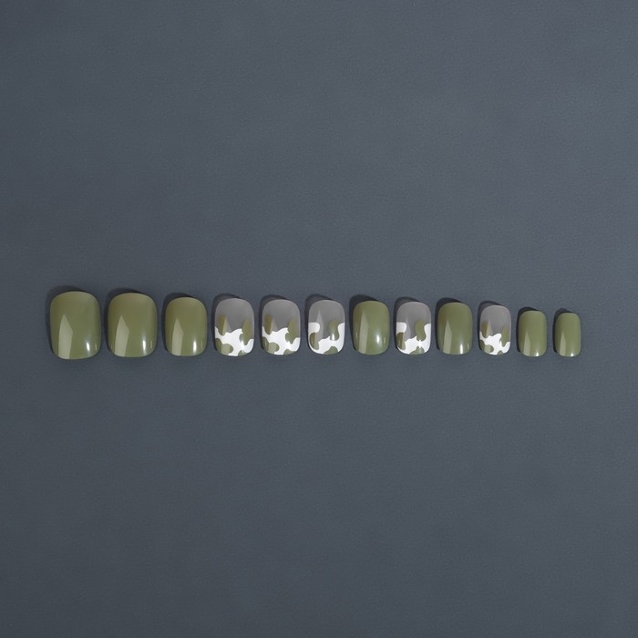 Накладные ногти &laquo;Хакки&raquo;, 12 шт, с клеевыми пластинами, форма мягкий квадрат, цвет зелёный/белый