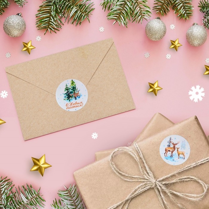 Новый год. Наклейки в рулоне "Олени", 500 шт, 3,8 х 3,8 см