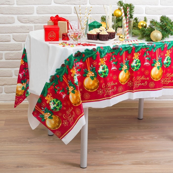Новогодняя скатерть одноразовая &laquo;С Новым годом&raquo;, шарики, 182 х137 см