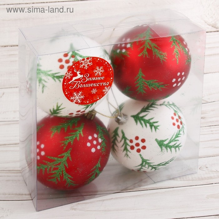 Набор шаров пластик d-8 см, 4 шт "Еловые веточки" красный белый