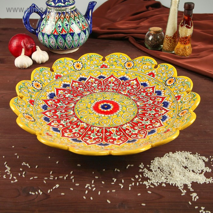 Ляган Риштанская Керамика Ляган Риштанская Керамика "Цветы", 41 см, жёлтый микс, рифлённый