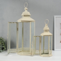 Подсвечник металл, стекло фонарик "Фес" белый с патиной набор 2 шт 35х13,5х11,8; 51х21х18 см Подсвечник металл, стекло фонарик "Фес" белый с патиной набор 2 шт 35х13,5х11,8; 51х21х18 см