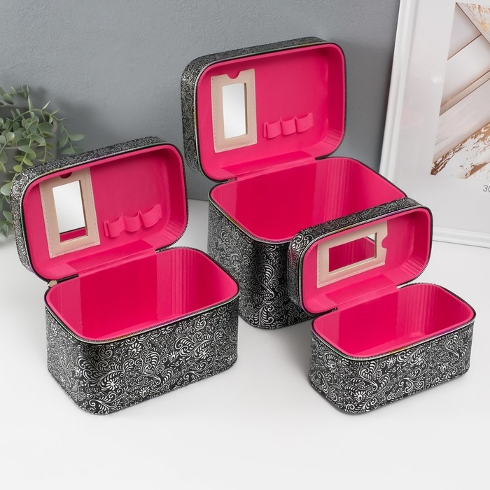 Шкатулка кожзам с зеркалом "Узоры, бабочки" чёрная н-р 3 шт 19х10,5х10,5 21х13х14 15х23х17см