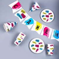 Набор бумажной посуды одноразовый С днём рождения»: 6 тарелок, 1 гирлянда, 6 стаканов, 6 колпаков Набор бумажной посуды одноразовый С днём рождения»: 6 тарелок, 1 гирлянда, 6 стаканов, 6 колпаков