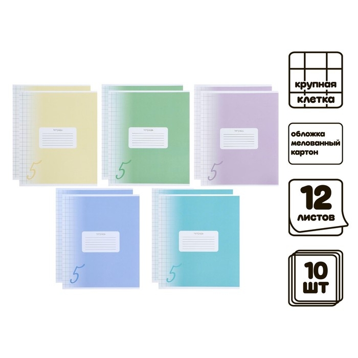 Комплект тетрадей из 10 штук, 12 листов в крупную клетку Calligrata Комплект тетрадей из 10 штук, 12 листов в крупную клетку Calligrata "Пятёрка", обложка мелованный картон, ВД-лак, блок офсет, 5 видов по 2 штуки