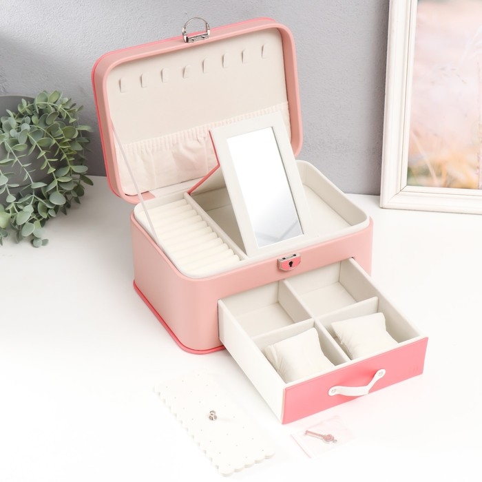 Шкатулка кожзам для украшений "Шейла" розовая с коралловым 25,5х18,5х14 см