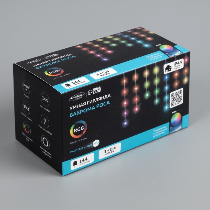 Умная гирлянда &laquo;Бахрома&raquo; 3 &times; 0.4 м роса, IP20, серебристая нить, 144 LED, пульт ДУ, приложение, свечение RGB, USB