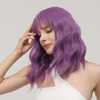 Парик искусственный, с чёлкой, каре имитация кожи, 40 см, 160 гр, цвет сиреневый