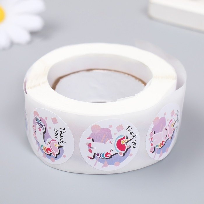 Наклейка бумага Наклейка бумага "Единорог. Благодарность" d=2,5 см 500 шт в рулоне 3х6,5х6,5 см