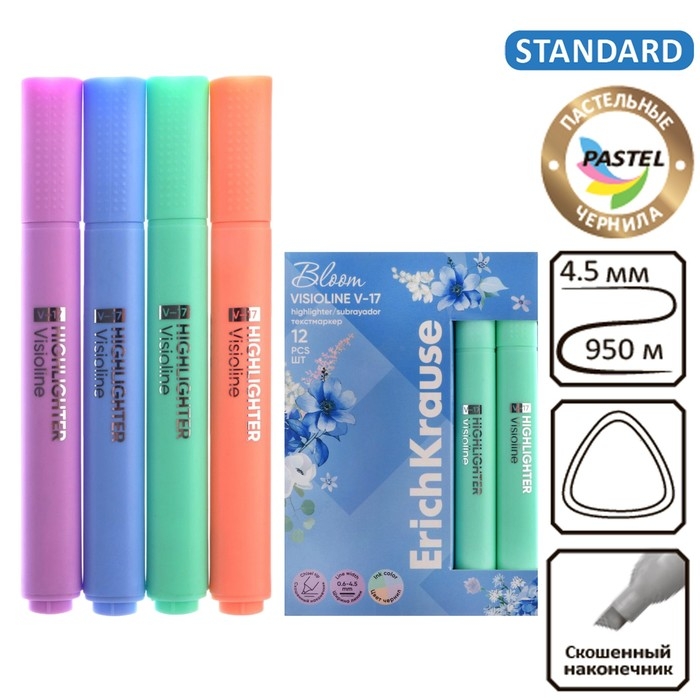 Маркер текстовыделитель ErichKrause Visioline V-17 Pastel Bloom, 4.5 мм, чернила на водной основе, МИКС Маркер текстовыделитель ErichKrause Visioline V-17 Pastel Bloom, 4.5 мм, чернила на водной основе, МИКС