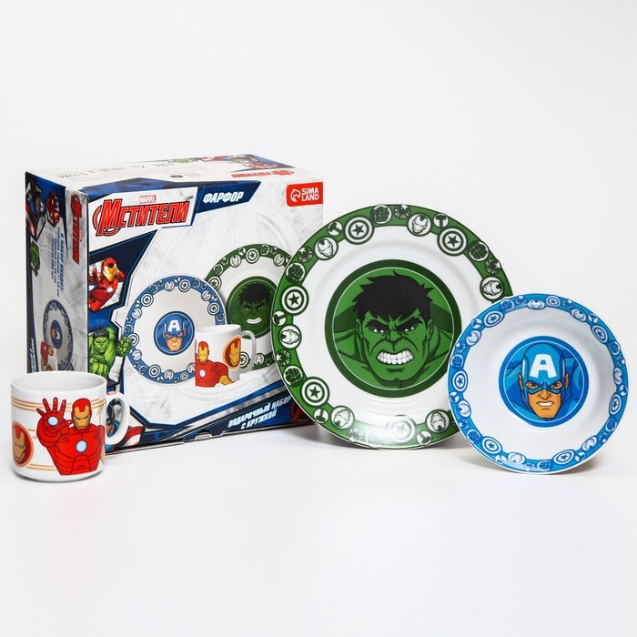 Набор посуды из керамики, 3 предмета: тарелка &Oslash; 16,5 см, миска &Oslash; 14 см, кружка 200 мл, "Мстители", Марвел