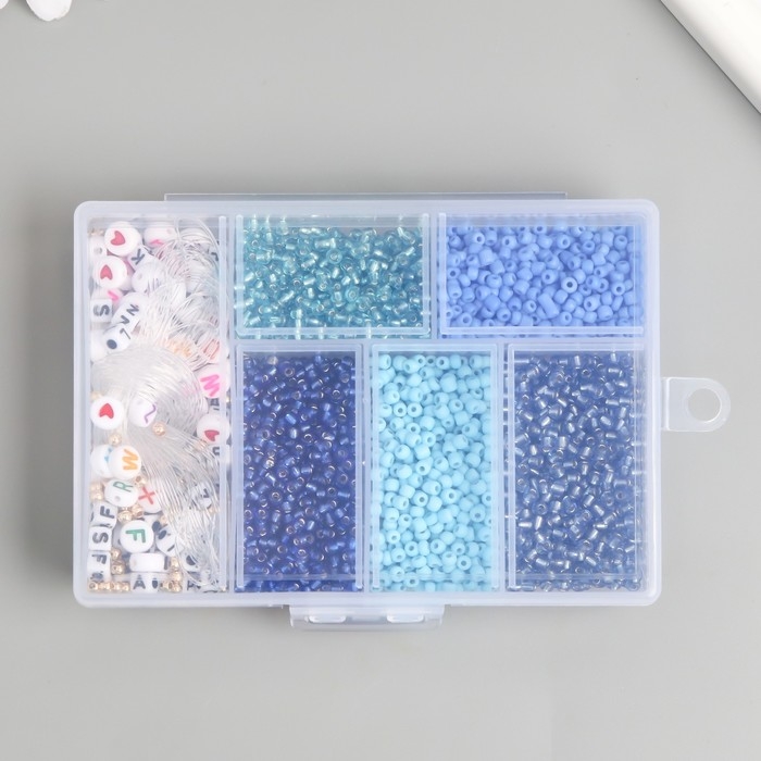 Бисер стекло 8/0 в шкатулке "Синий" бусины + нить 0,8 мм 5 м 12х8,4х2,2 см