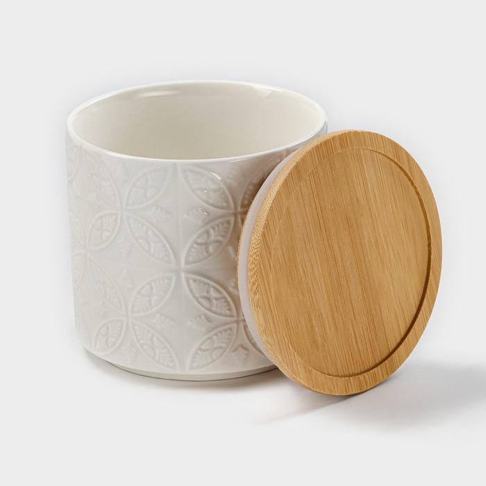 Банка для хранения сыпучих продуктов BellaTenero &laquo;Листья&raquo;, 300 мл, d=8,5 см, с бамбуковой крышкой, фарфоровая, цвет белый