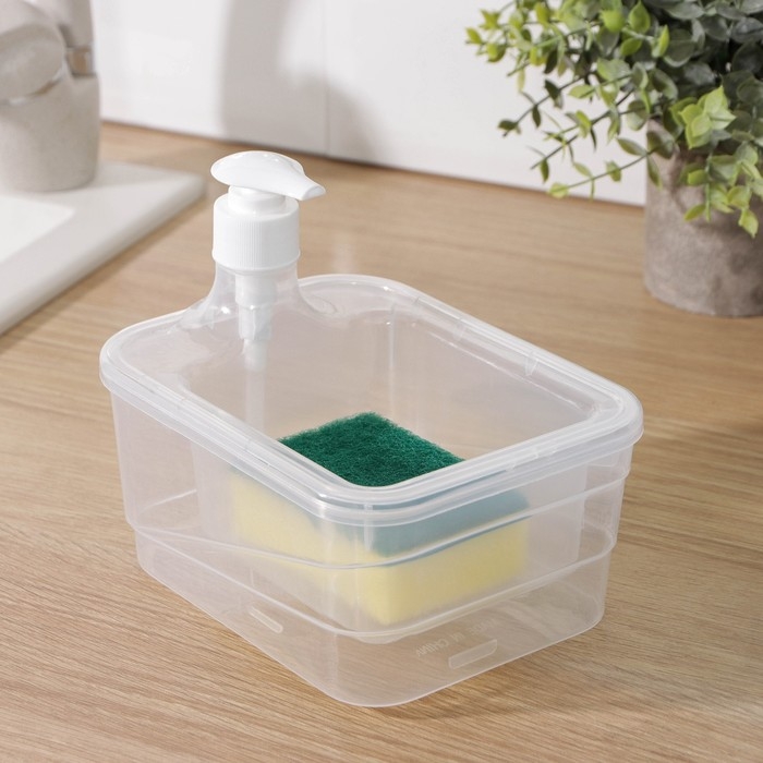 Дозатор для моющего средства с подставкой для губки Доляна, губка в комплекте, 600 мл, 17&times;13&times;14 см