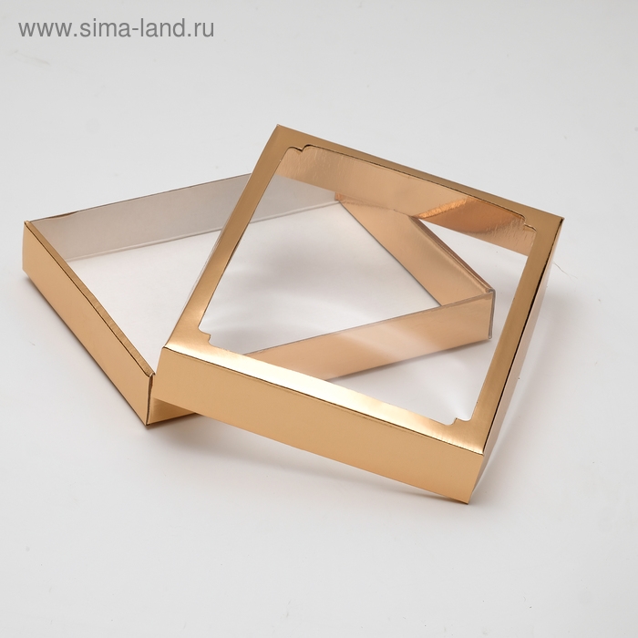Коробка сборная, крышка-дно, с окном, золотая, 26 х 21 х 4 см