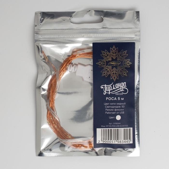 Гирлянда &laquo;Нить&raquo; 5 м роса, IP20, медная нить, 50 LED, свечение белое, USB