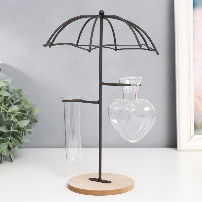 Декор металл, стекло, дерево "Сердце под зонтиком" на подставке чёрный 16х12х27 см