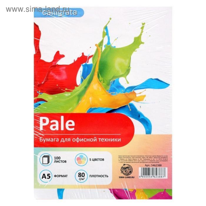 Бумага цветная А5, 100 листов Calligrata Пастель, 5 цветов, 80 г/м&sup2;