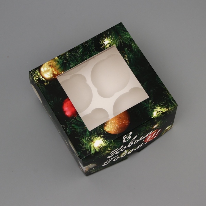 Коробка для 4 капкейка с окном Коробка для 4 капкейка с окном "Счастливого рождества", 16 х 16 х 10 см, упаковка, Новый год