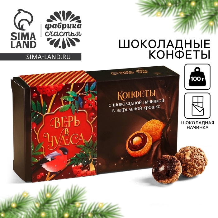 Шоколадные конфеты &laquo;Верь в чудеса&raquo; в коробке, вкус: шоколадный, 100 г.