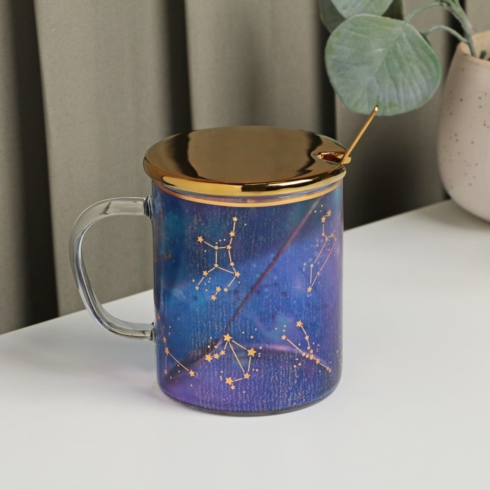 Кружка стеклянная с керамической крышкой и ложкой &laquo;Созвездие&raquo;, 370 мл, цвет МИКС