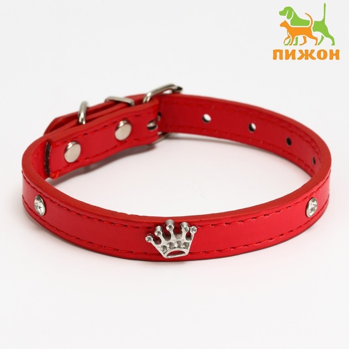 Ошейник "Корона" с металлическим декором и со стразами, 36 х 1,4 см, ОШ 24-31, красный