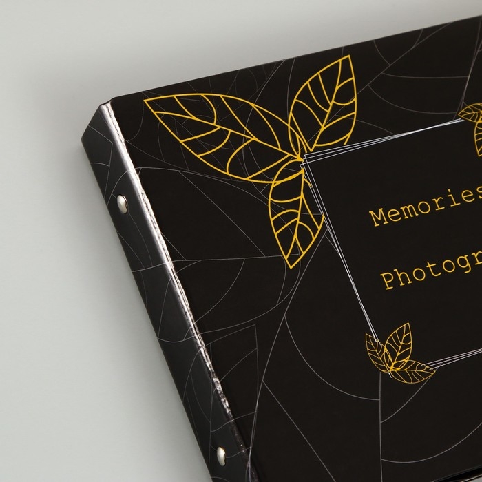 Фотоальбом 25 листов (уголки+кольца) "Листья на чёрном" золото 19х27х3 см